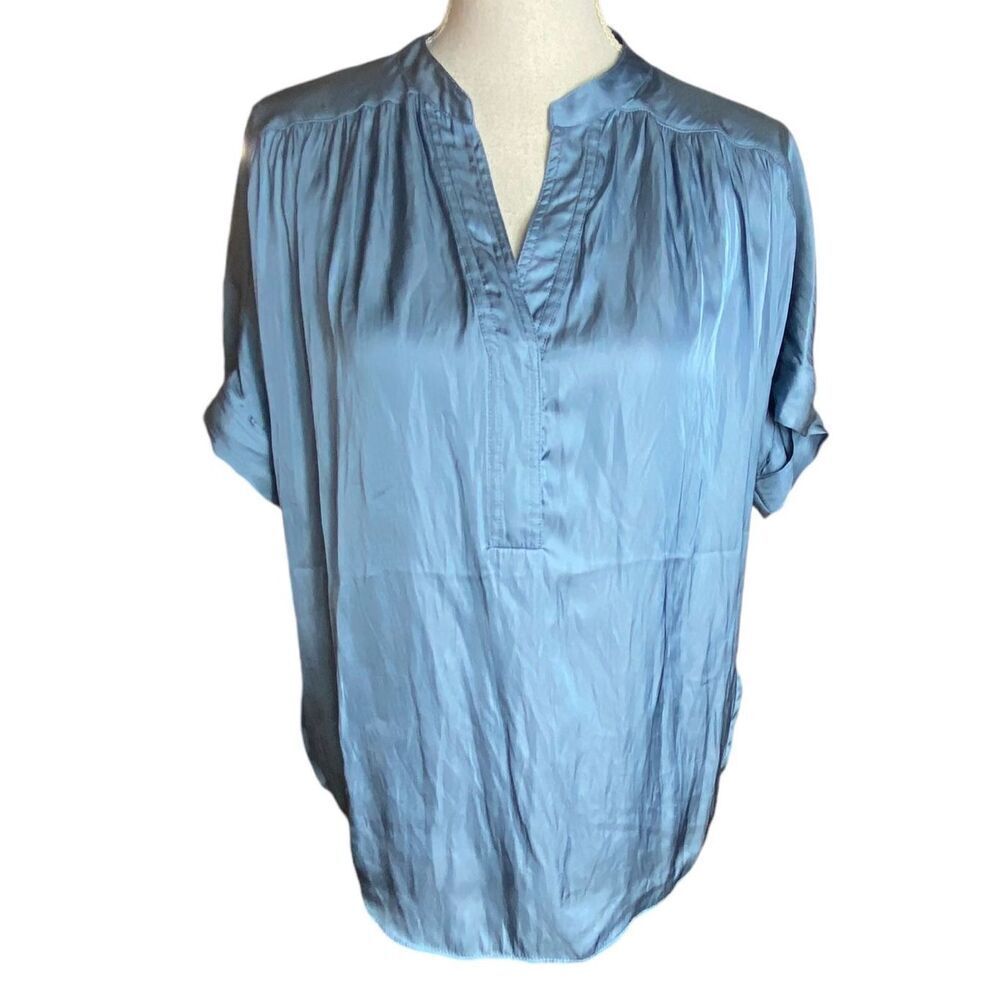 Joan Vass Wm’s Sz Med Blue Cap Sleeve Top Blouse